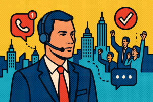Illustration of business professional on headset in a connected city skyline setting, with a determined mood.