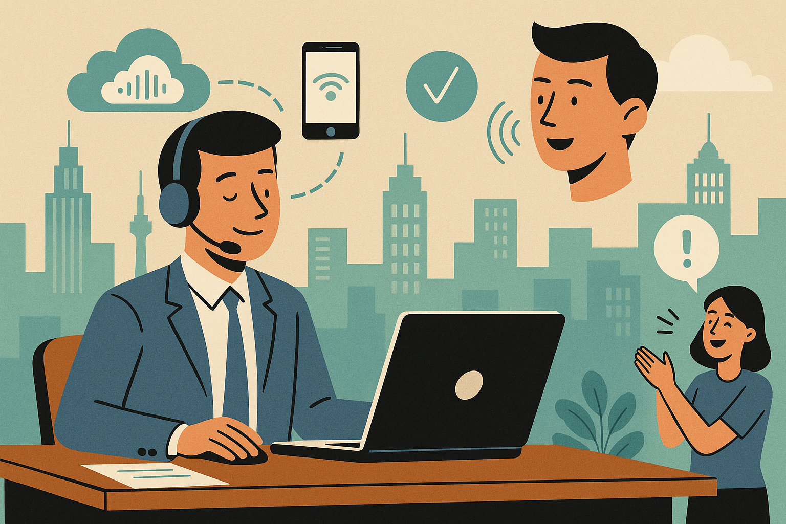 Illustration of customer support representative in a connected city skyline setting, with a relaxed mood.