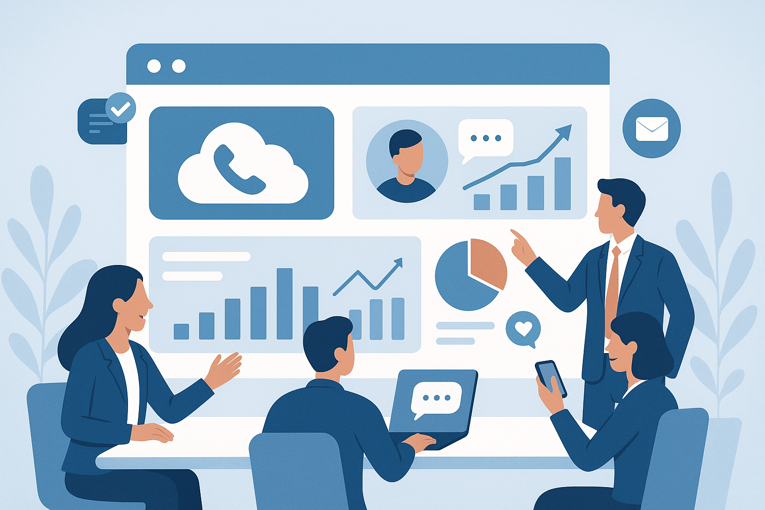 Illustration of digital interface with analytics in a corporate meeting environment setting, with a relaxed mood.