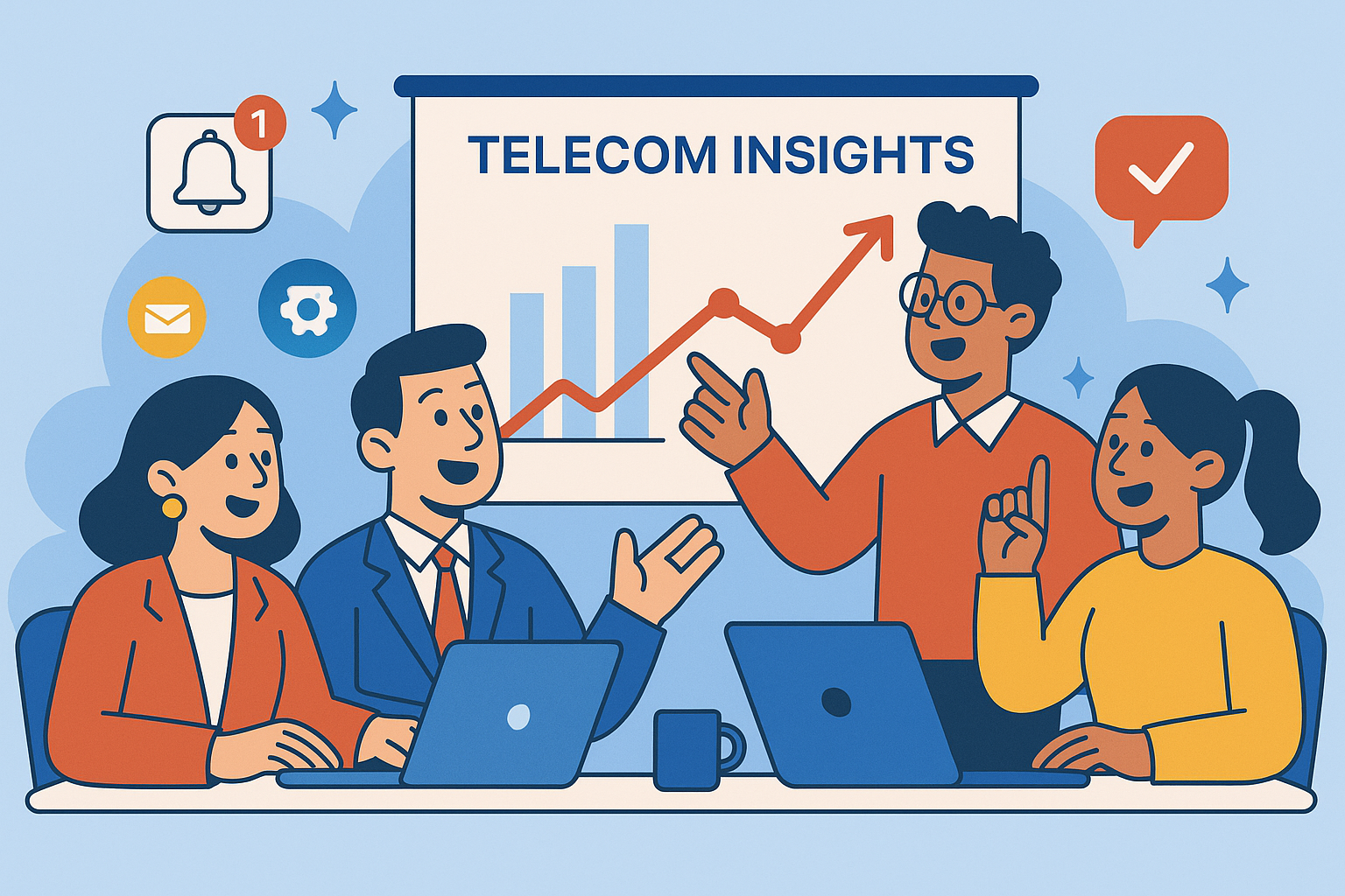 Illustration of marketing team reviewing campaign data in a corporate meeting environment setting, with a inspired mood.