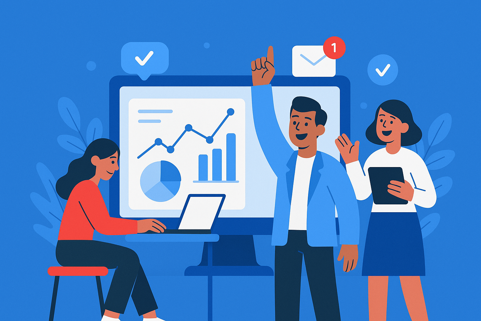 Illustration of digital interface with analytics in a blue digital gradient setting, with a inspired mood.