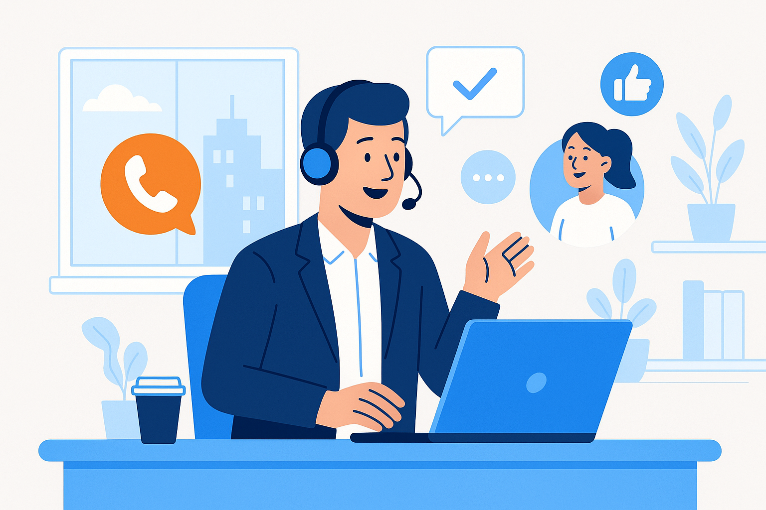 Illustration of business professional on headset in a modern office workspace setting, with a relaxed mood.