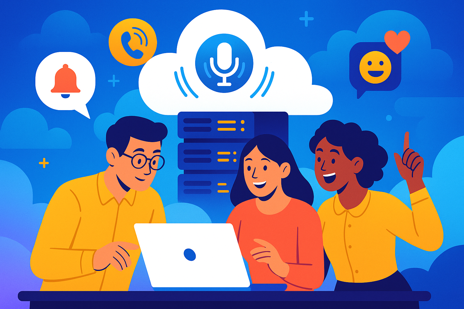 Illustration of team collaborating on laptop in a cloud-based server room setting, with a inspired mood.
