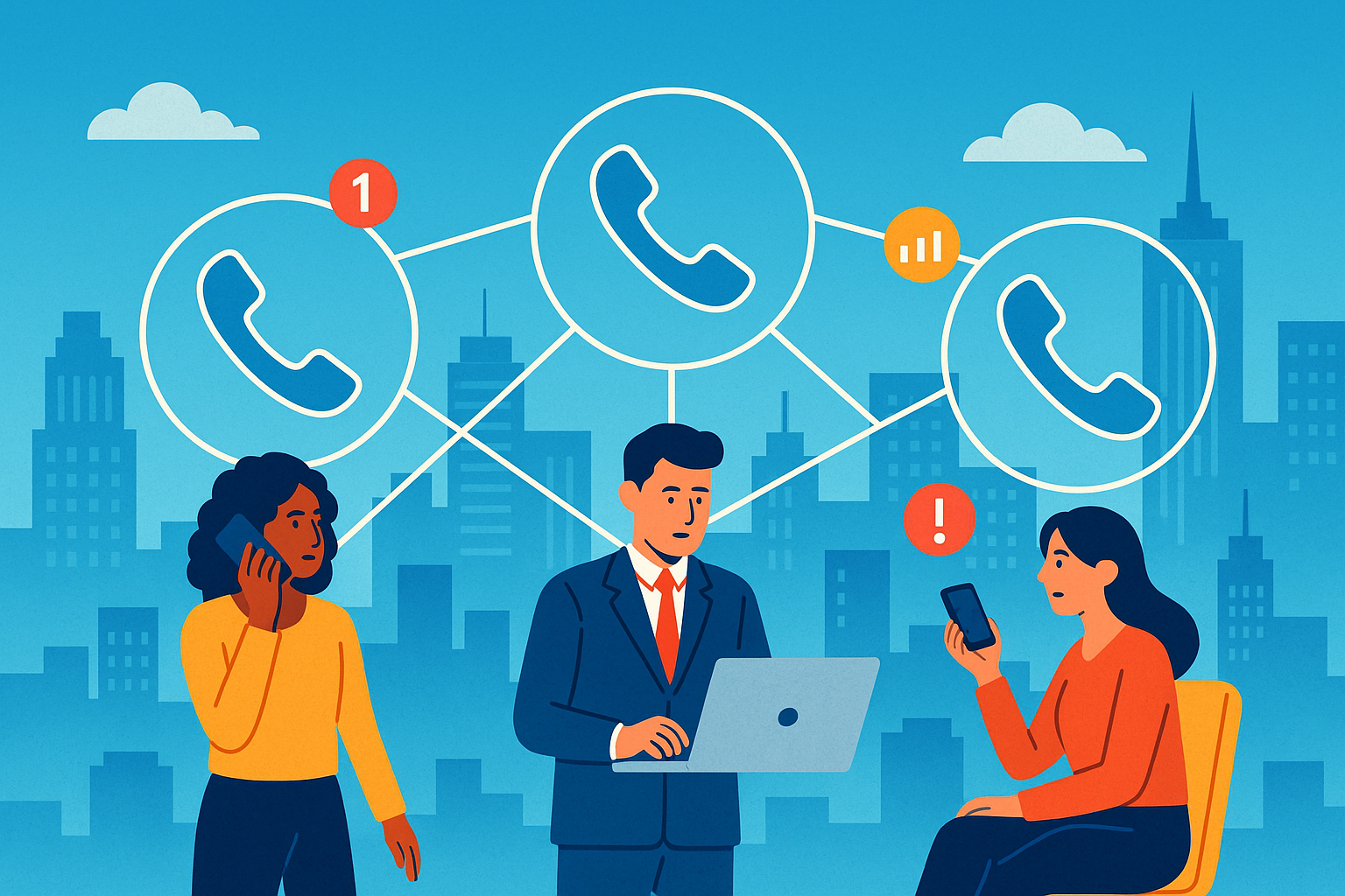 Illustration of phone icons connected by network lines in a connected city skyline setting, with a focused mood.