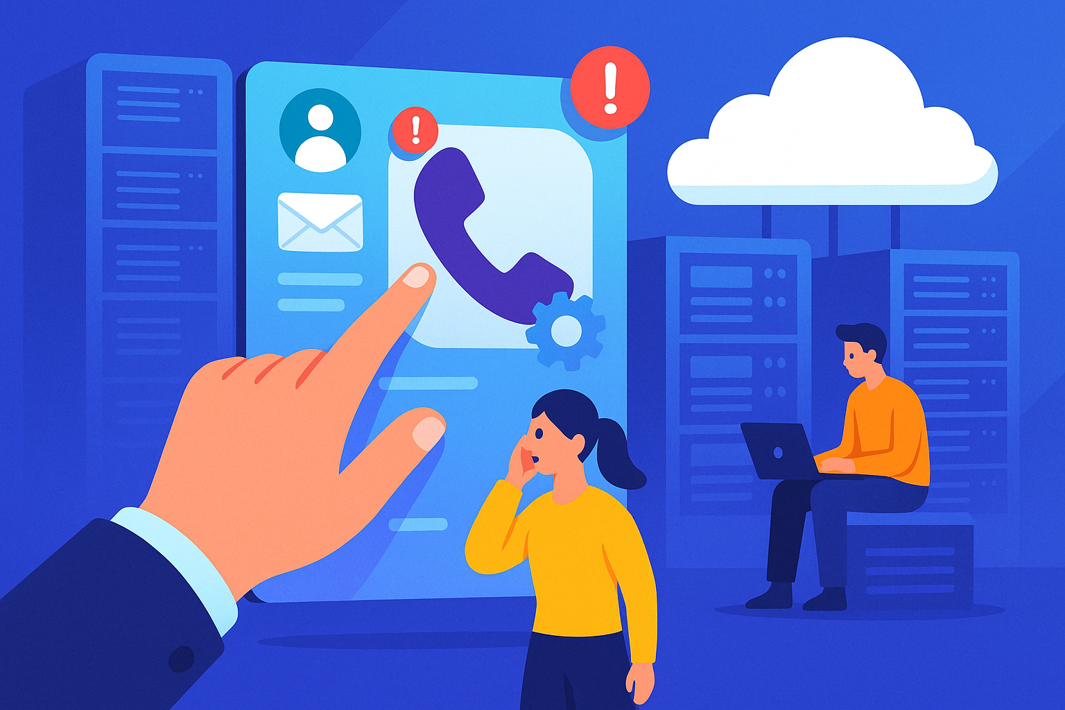 Illustration of hand interacting with virtual screen in a cloud-based server room setting, with a focused mood.