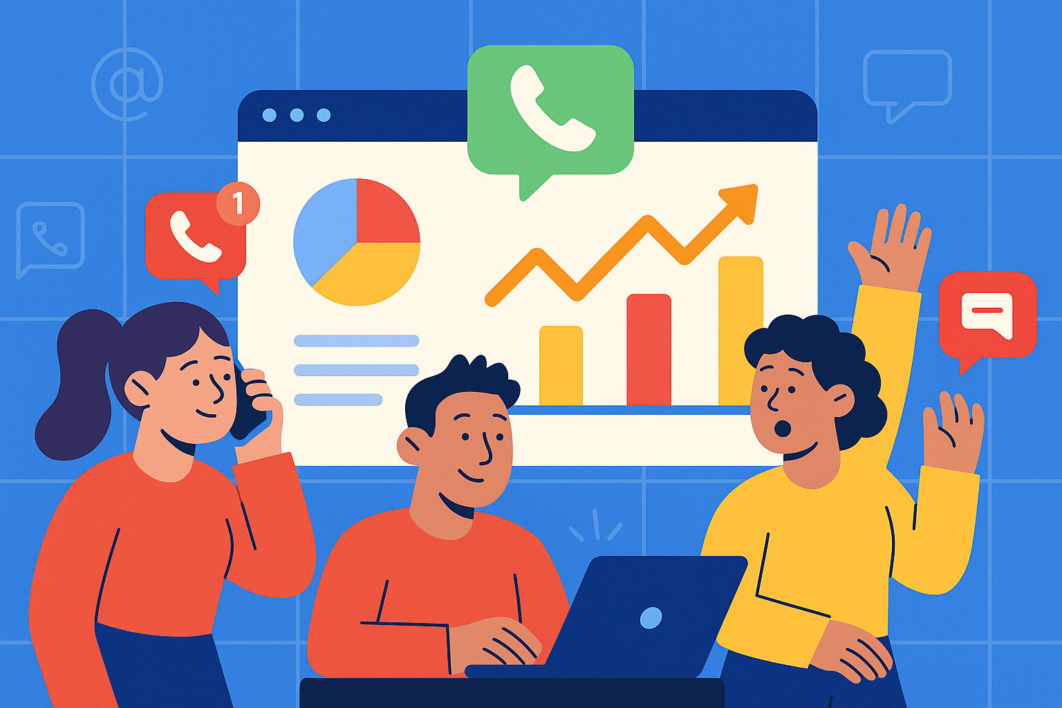 Illustration of digital interface with analytics in a digital communication grid setting, with a creative mood.