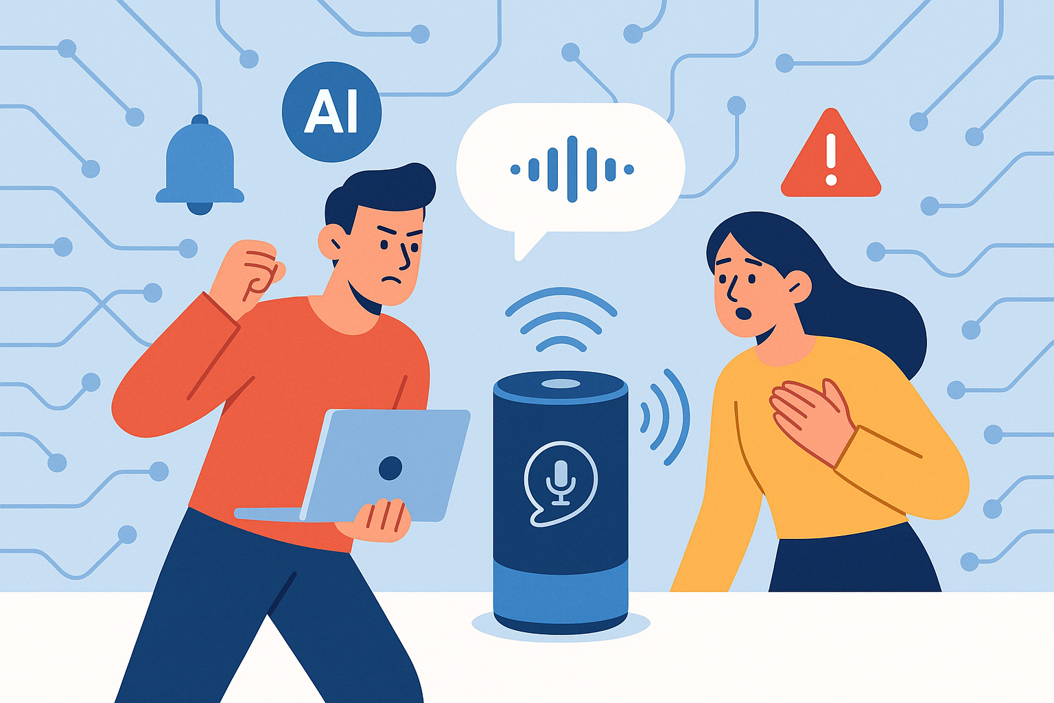 Illustration of ai voice assistant concept in a abstract ai network pattern setting, with a determined mood.