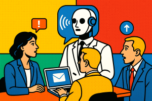 Illustration of ai robot speaking iconography in a corporate meeting environment setting, with a focused mood.