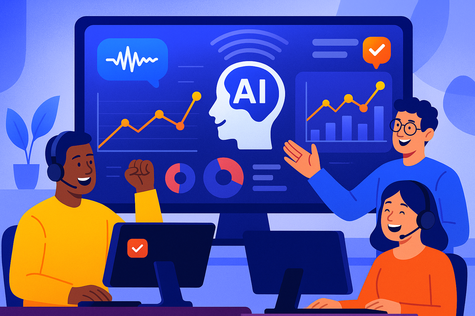 Illustration of digital interface with analytics in a high-tech workspace setting, with a happy mood.