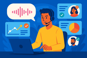 Illustration of customer support representative in a data dashboard interface setting, with a determined mood.