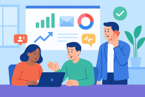 Illustration of marketing team reviewing campaign data in a modern office workspace setting, with a focused mood.