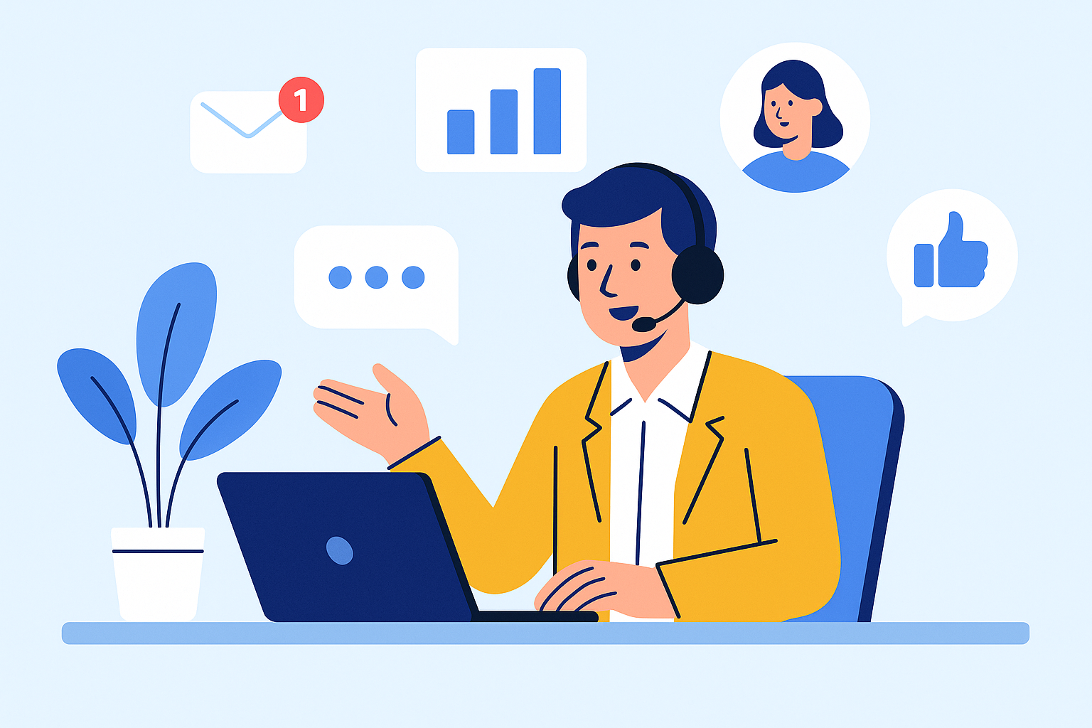 Illustration of business professional on headset in a minimalist business setting setting, with a relaxed mood.