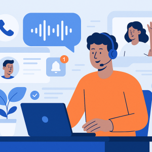Illustration of customer support representative in a high-tech workspace setting, with a relaxed mood.