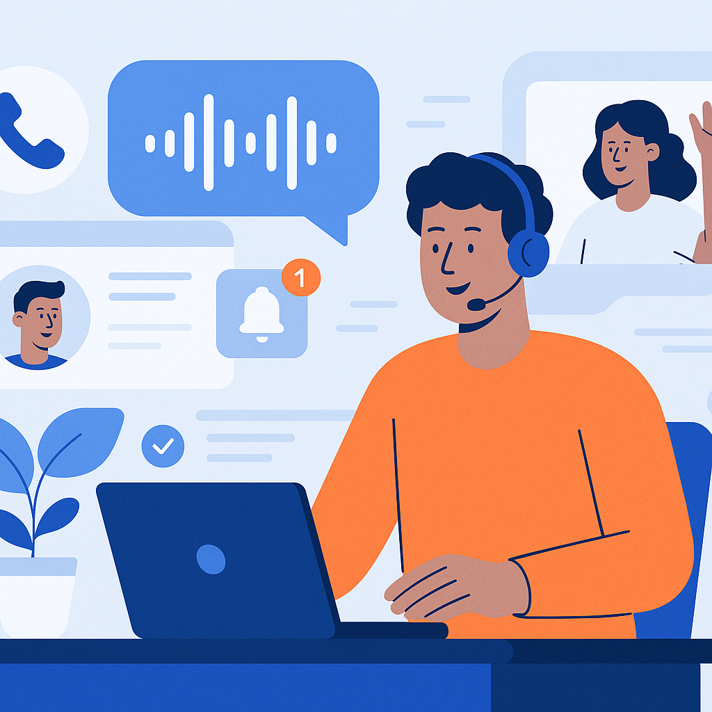 Illustration of customer support representative in a high-tech workspace setting, with a relaxed mood.
