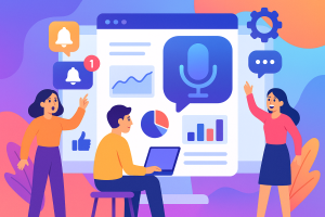 Illustration of digital interface with analytics in a data dashboard interface setting, with a creative mood.