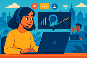 Illustration of digital interface with analytics in a connected city skyline setting, with a inspired mood.