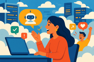 Illustration of ai robot speaking iconography in a cloud-based server room setting, with a inspired mood.