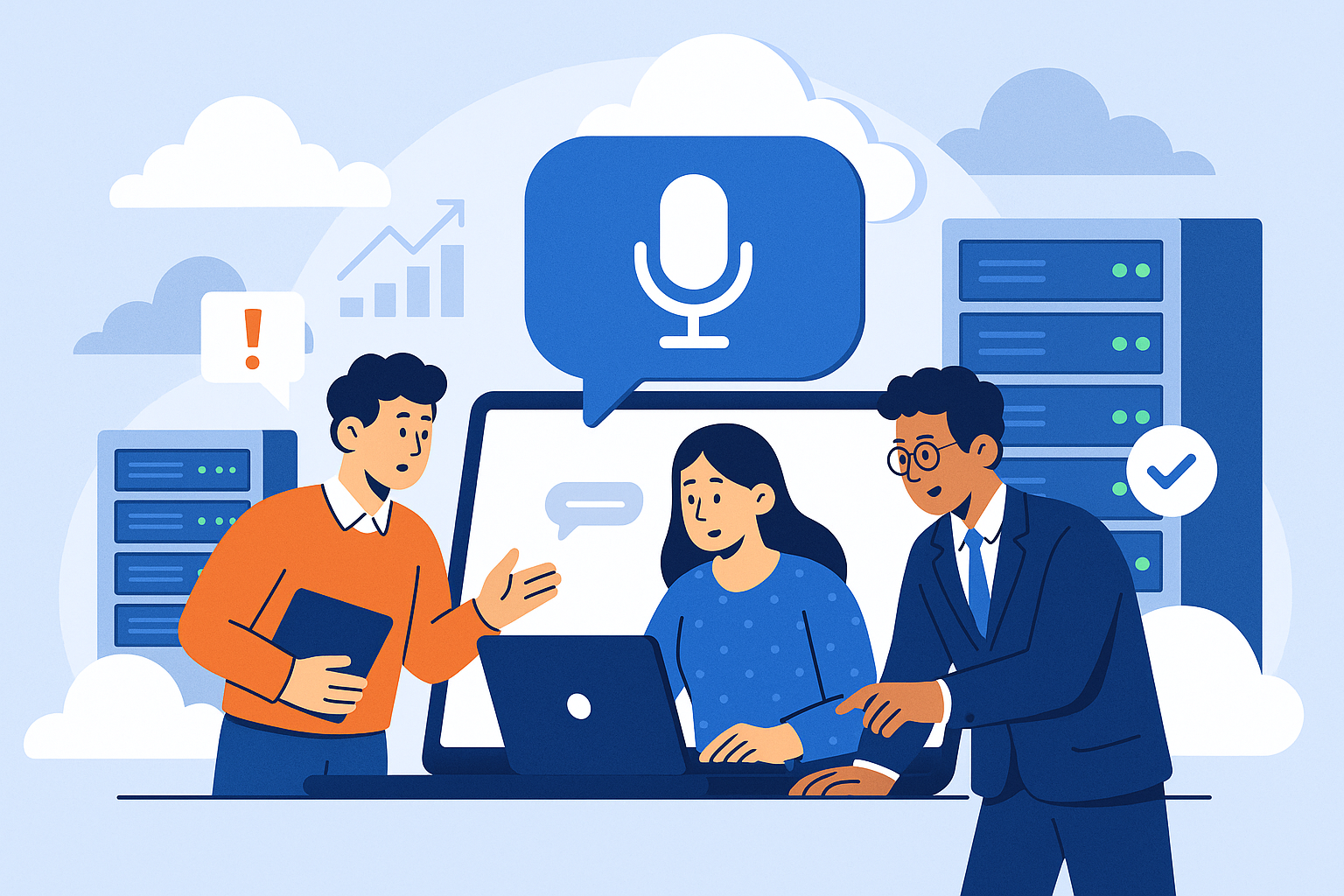 Illustration of team collaborating on laptop in a cloud-based server room setting, with a determined mood.