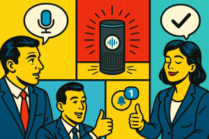 Illustration of ai voice assistant concept in a corporate meeting environment setting, with a relaxed mood.