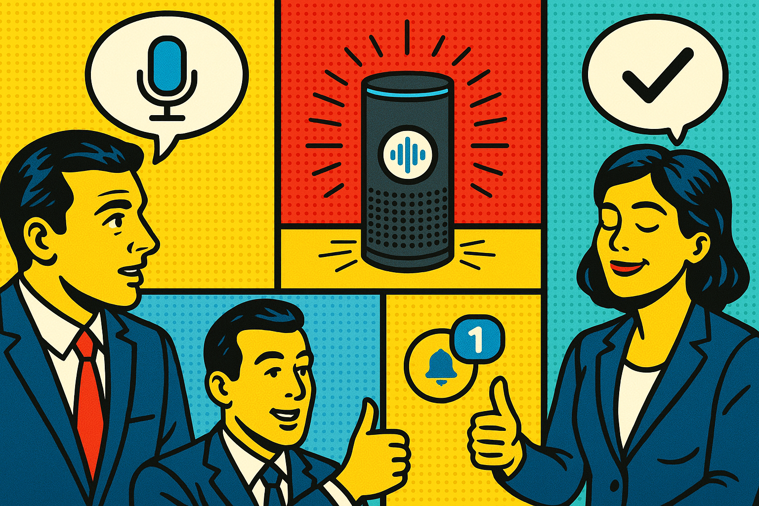Illustration of ai voice assistant concept in a corporate meeting environment setting, with a relaxed mood.