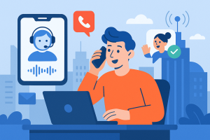Illustration of ai voice assistant concept in a connected city skyline setting, with a creative mood.
