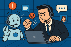 Illustration of customer support representative in a digital communication grid setting, with a determined mood.