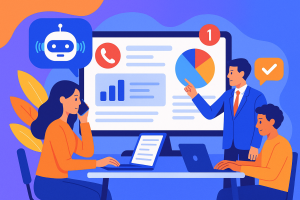 Illustration of ai robot speaking iconography in a data dashboard interface setting, with a focused mood.