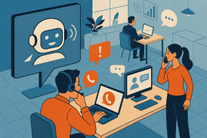 Illustration of ai robot speaking iconography in a high-tech workspace setting, with a determined mood.