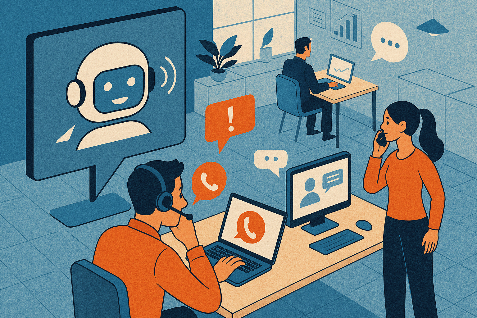 Illustration of ai robot speaking iconography in a high-tech workspace setting, with a determined mood.