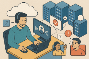 Illustration of customer support representative in a cloud-based server room setting, with a focused mood.