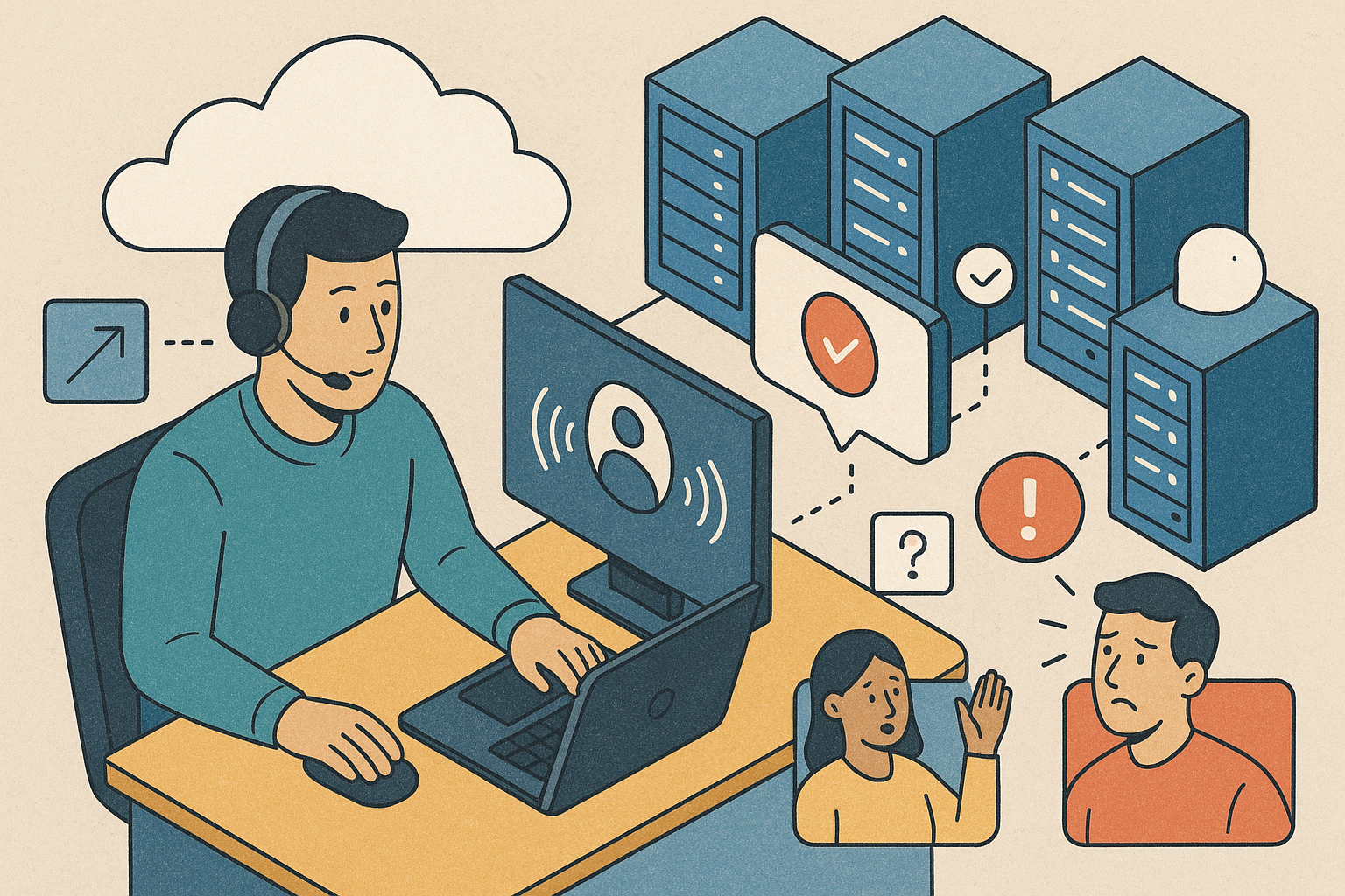 Illustration of customer support representative in a cloud-based server room setting, with a focused mood.
