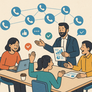 Illustration of phone icons connected by network lines in a corporate meeting environment setting, with a happy mood.