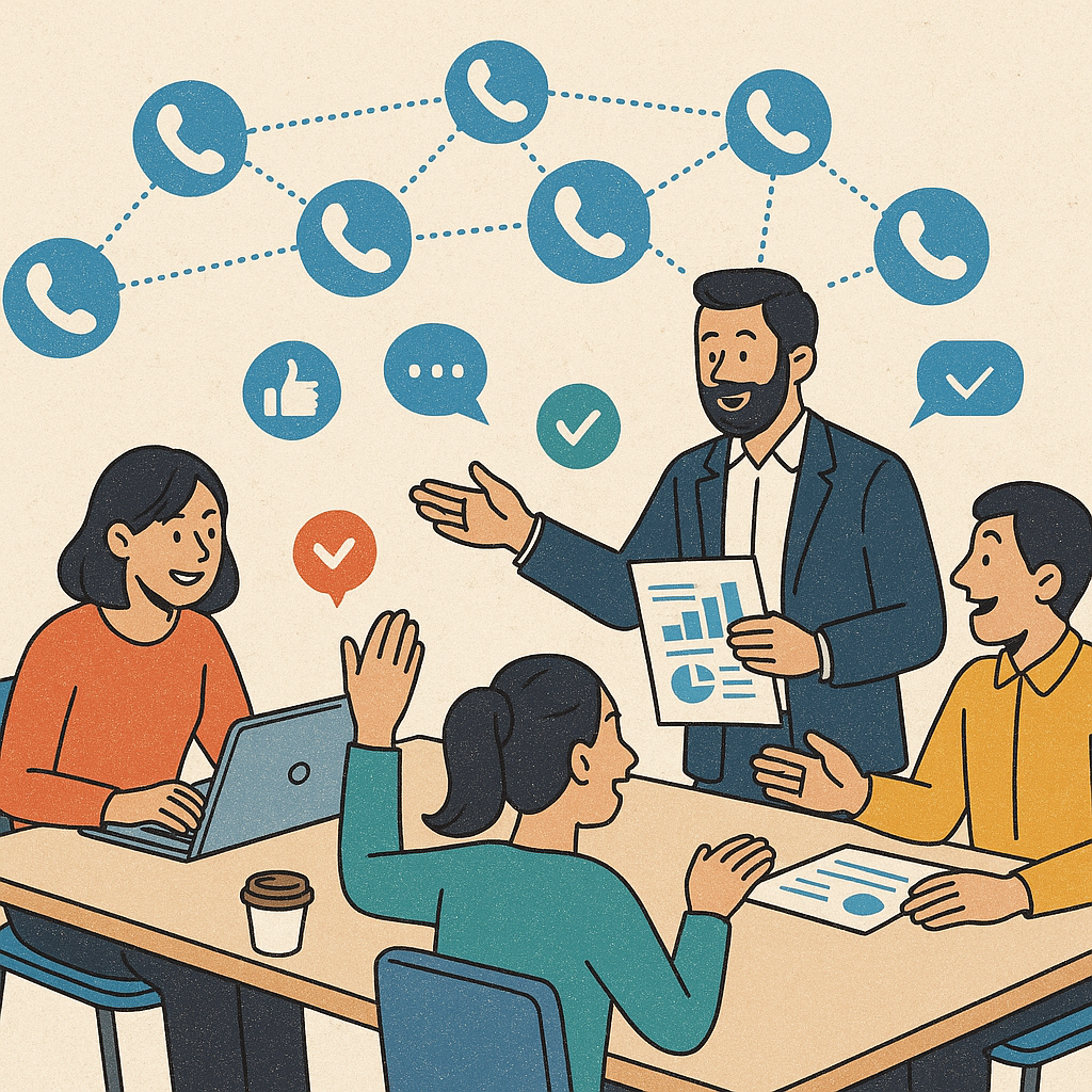 Illustration of phone icons connected by network lines in a corporate meeting environment setting, with a happy mood.