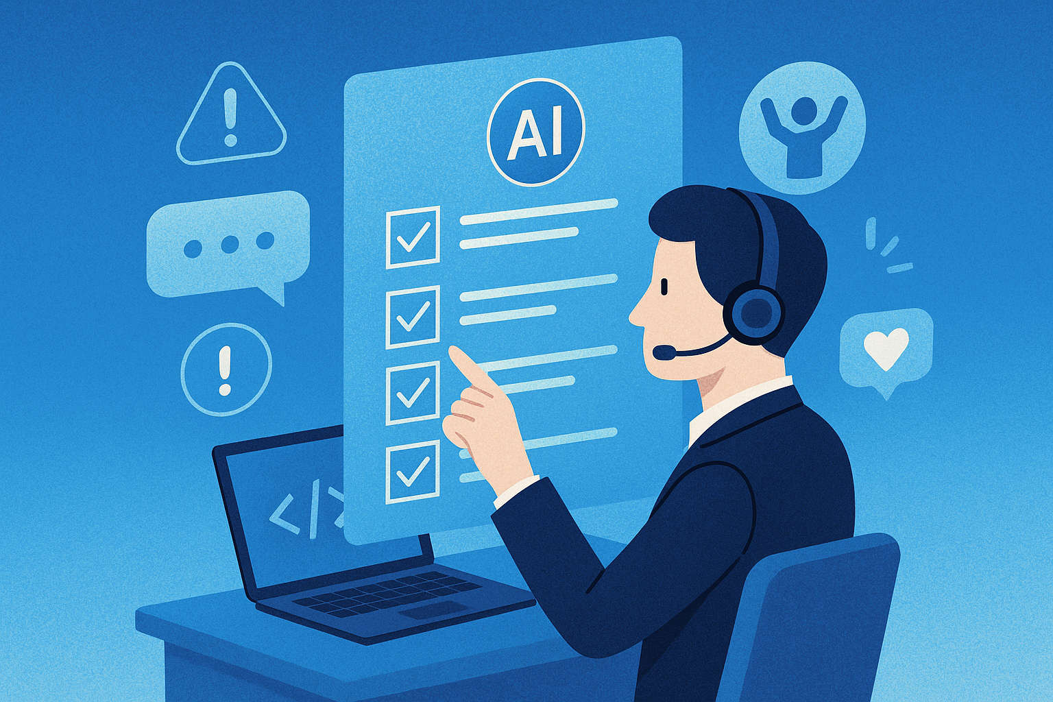 Illustration of business professional on headset in a blue digital gradient setting, with a creative mood.