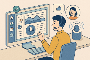 Illustration of customer support representative in a data dashboard interface setting, with a happy mood.