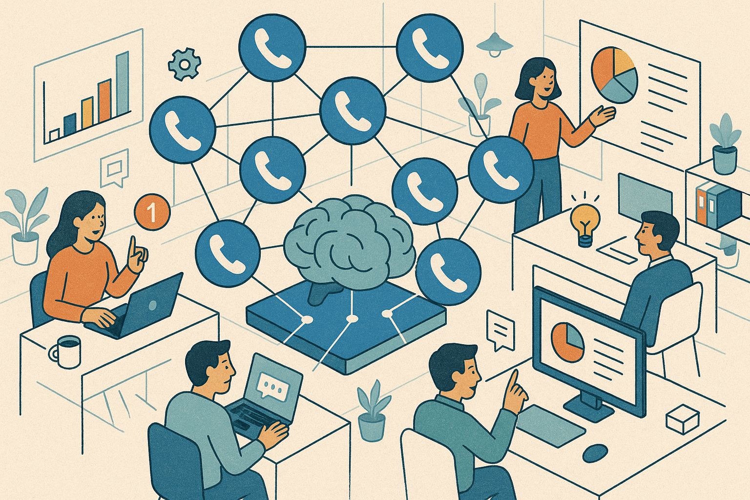 Illustration of phone icons connected by network lines in a high-tech workspace setting, with a creative mood.