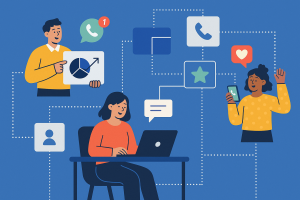 Illustration of call flow diagram in a digital communication grid setting, with a happy mood.