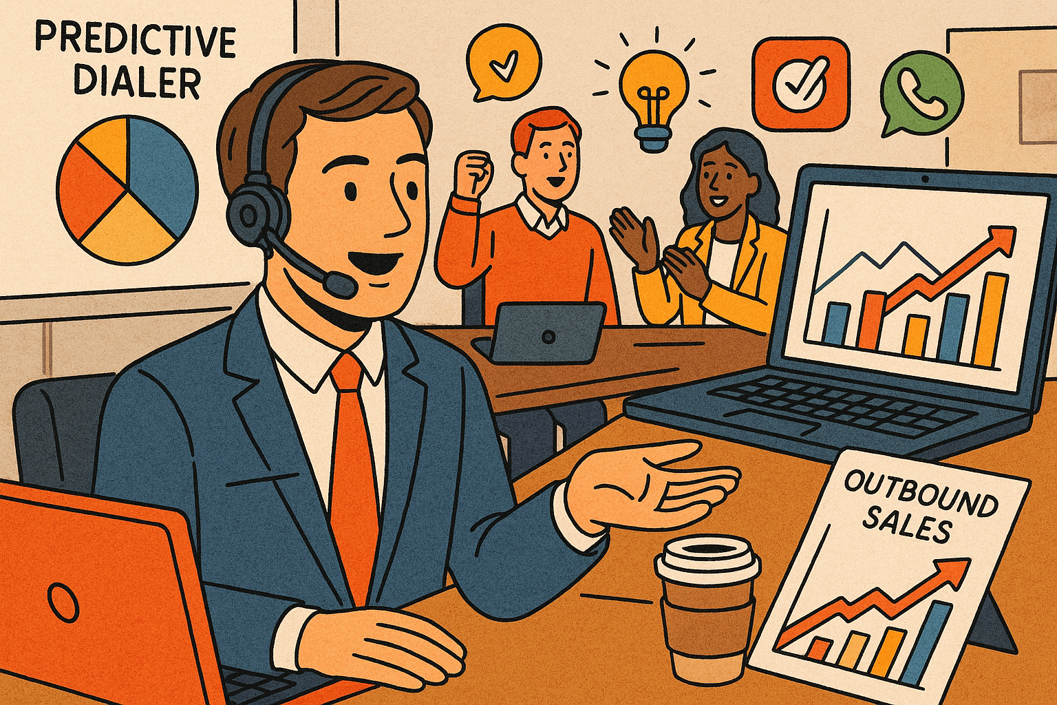 Illustration of business professional on headset in a corporate meeting environment setting, with a inspired mood.