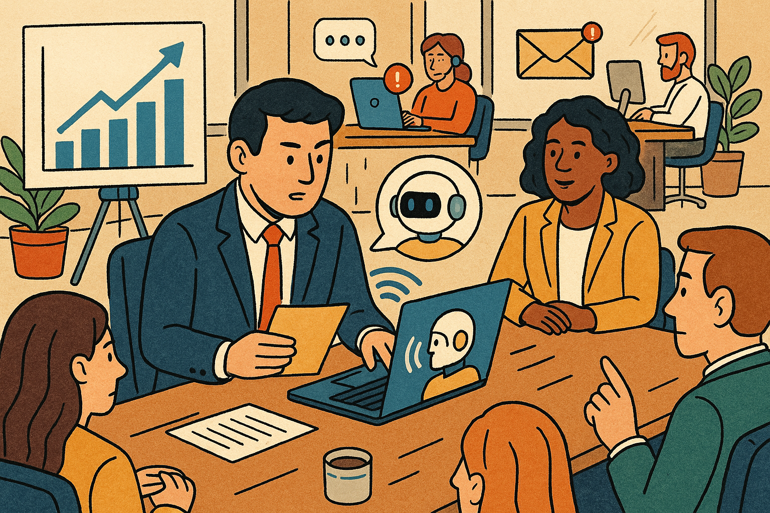 Illustration of ai robot speaking iconography in a corporate meeting environment setting, with a focused mood.