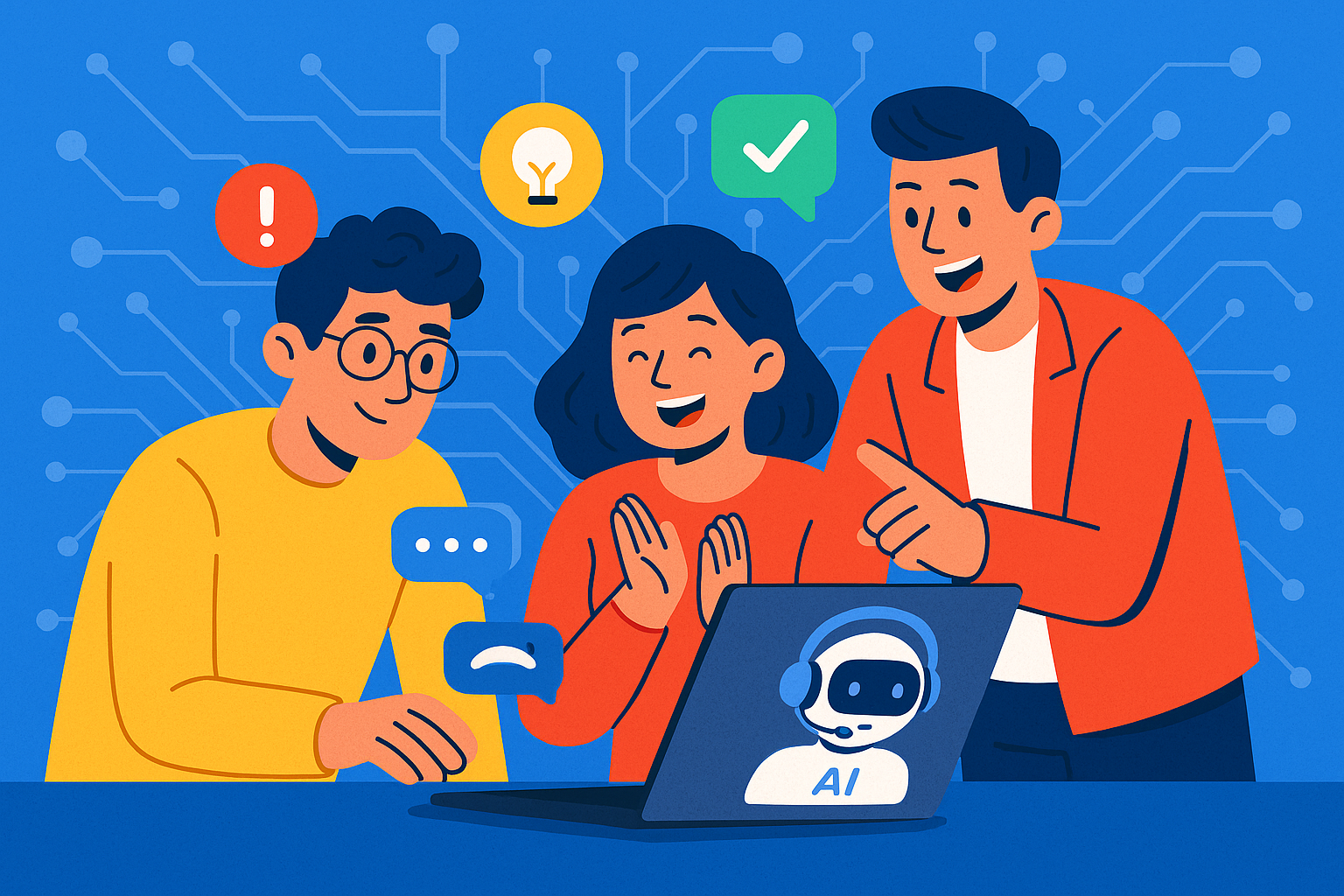 Illustration of team collaborating on laptop in a abstract ai network pattern setting, with a happy mood.