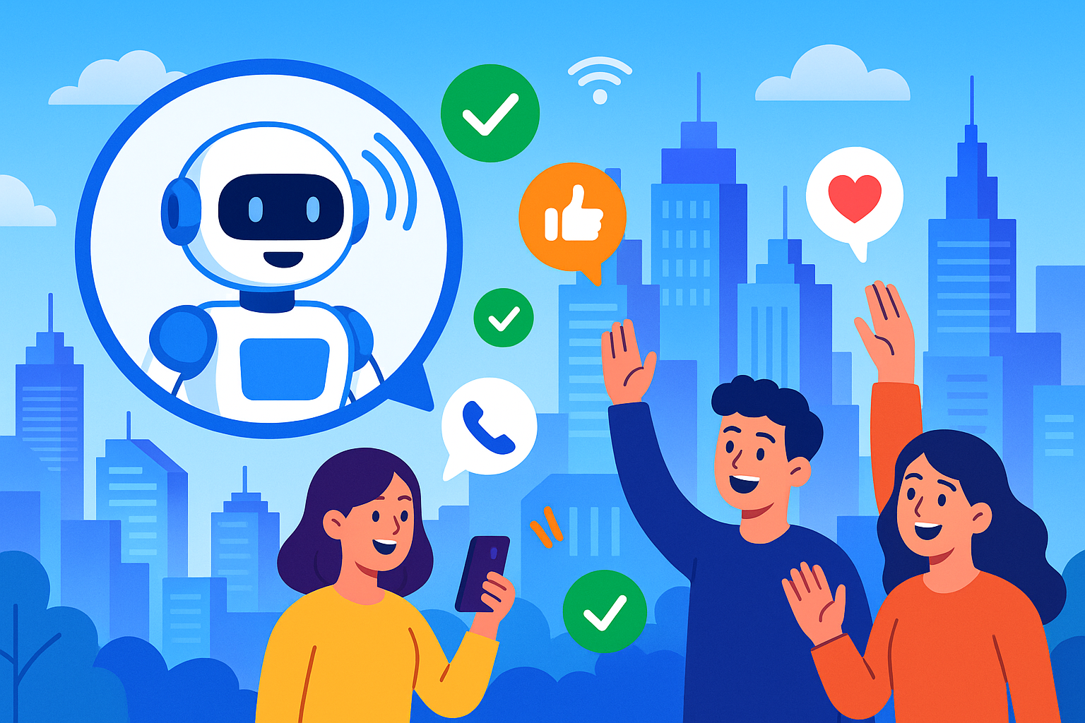 Illustration of ai robot speaking iconography in a connected city skyline setting, with a happy mood.