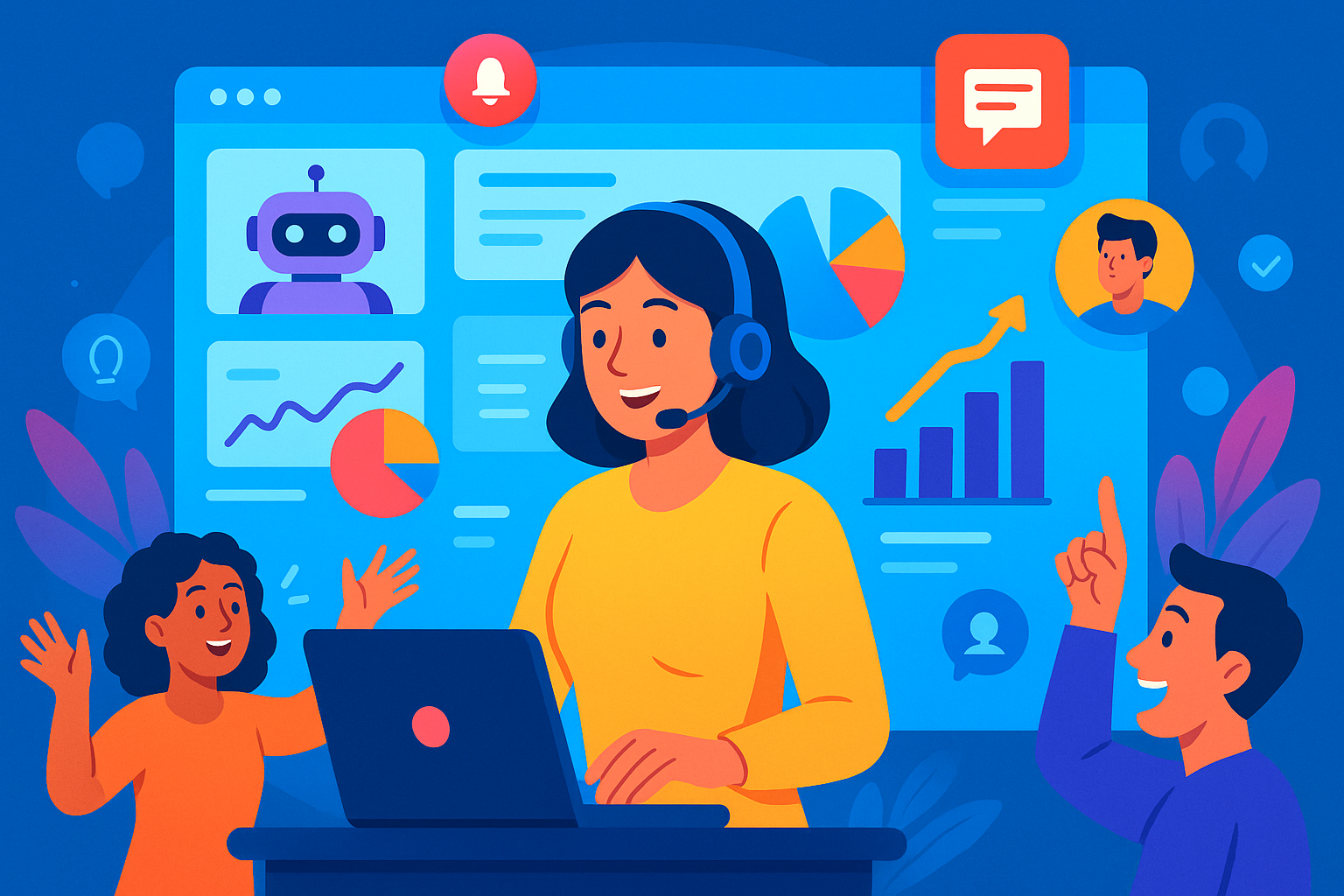 Illustration of customer support representative in a data dashboard interface setting, with a creative mood.