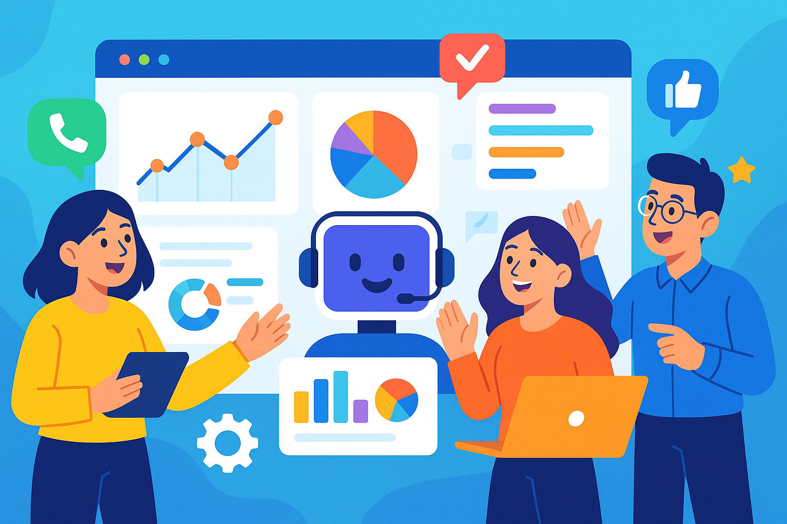 Illustration of marketing team reviewing campaign data in a data dashboard interface setting, with a happy mood.