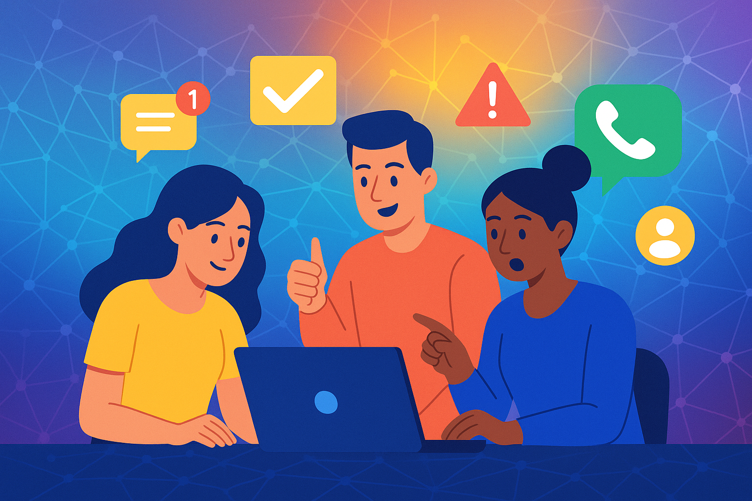 Illustration of team collaborating on laptop in a abstract ai network pattern setting, with a creative mood.