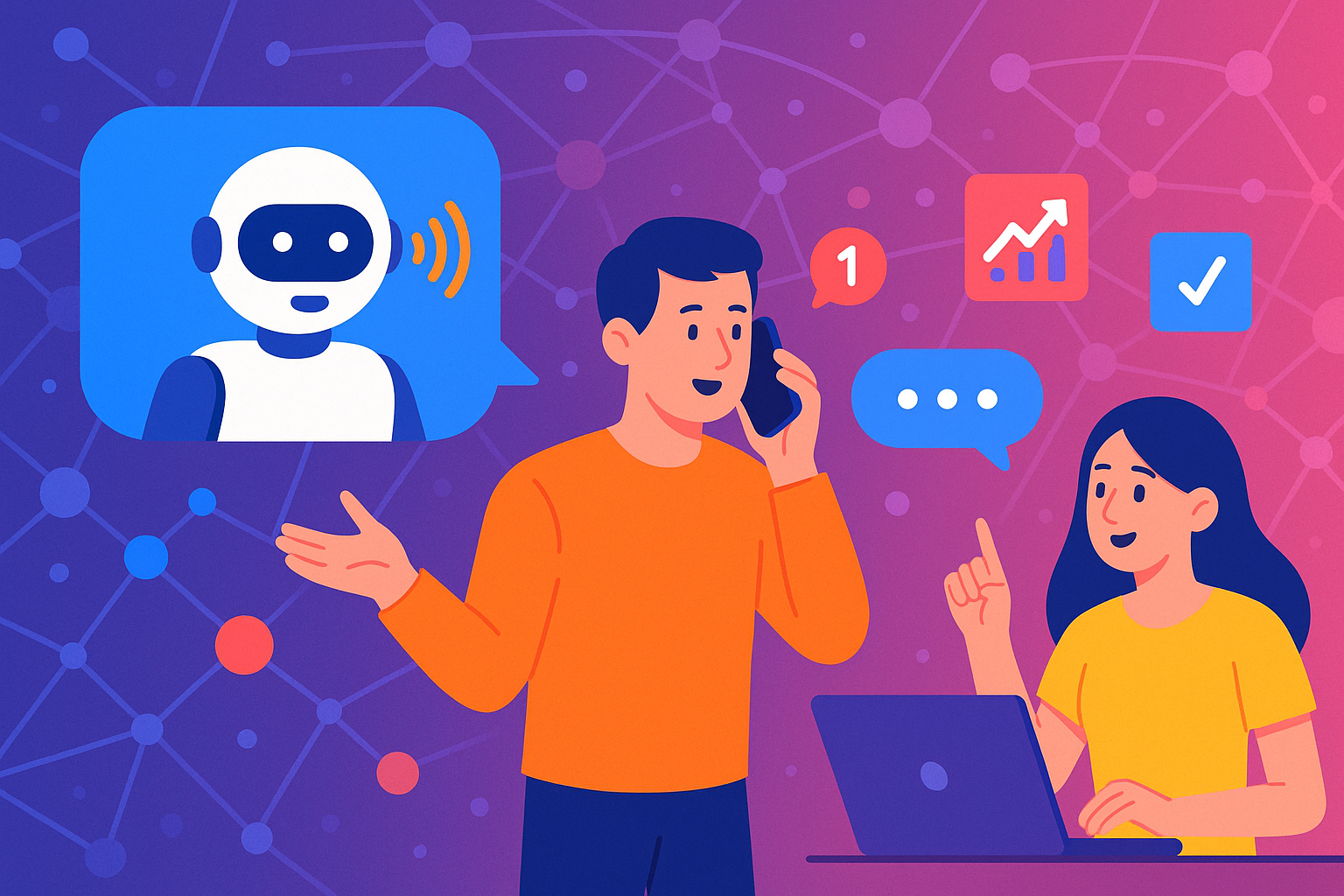 Illustration of ai robot speaking iconography in a abstract ai network pattern setting, with a focused mood.