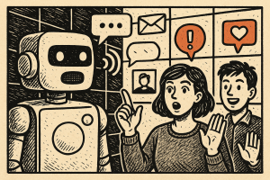 Illustration of ai robot speaking iconography in a digital communication grid setting, with a inspired mood.