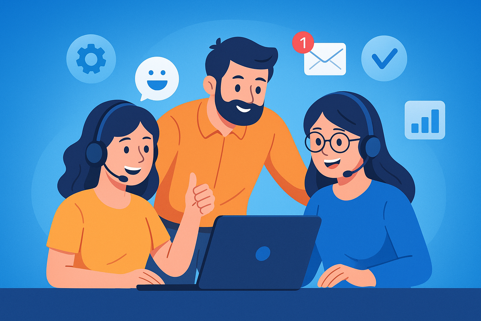 Illustration of team collaborating on laptop in a blue digital gradient setting, with a happy mood.