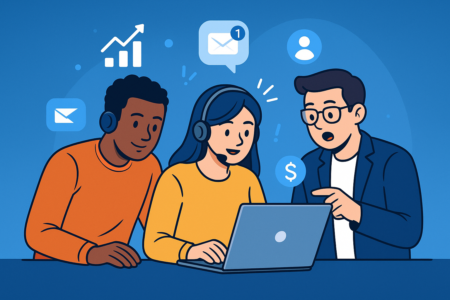 Illustration of team collaborating on laptop in a blue digital gradient setting, with a focused mood.