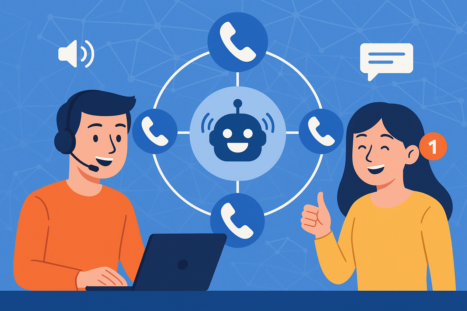 Illustration of phone icons connected by network lines in a abstract ai network pattern setting, with a happy mood.