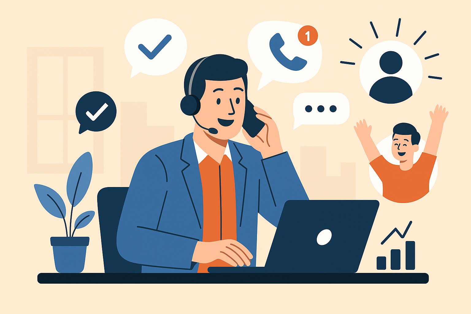 Illustration of customer support representative in a minimalist business setting setting, with a inspired mood.
